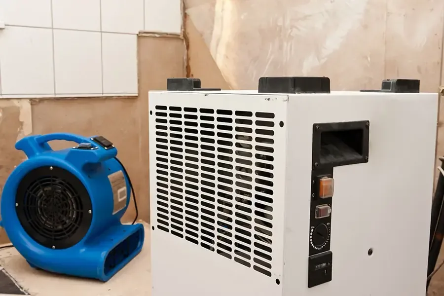 An air mover and a dehumidifier drying a room with the lower drywall cut away