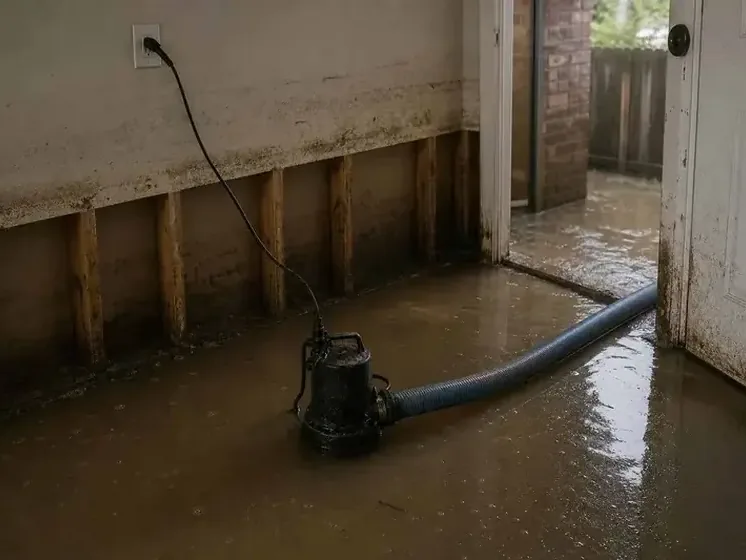 A pump and discharge hose working in standing water after a sump failure