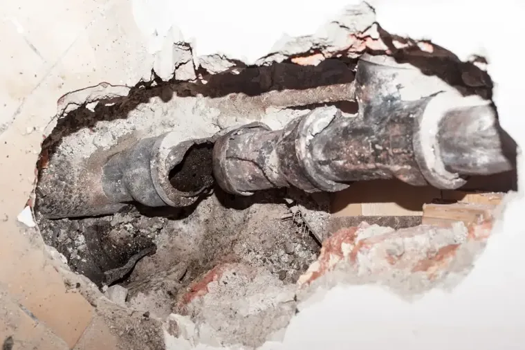 A pipe split open by a hard freeze inside a home