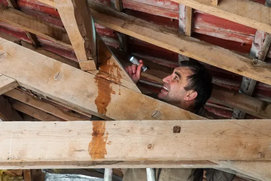 An inspector tracing a water stain down attic rafters below a leaking roof