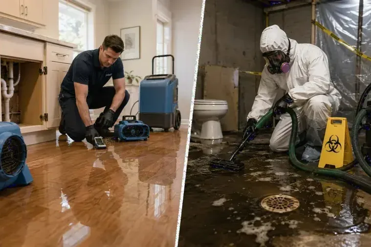 Crew in protective suits cleaning a sewage backup in a bathroom