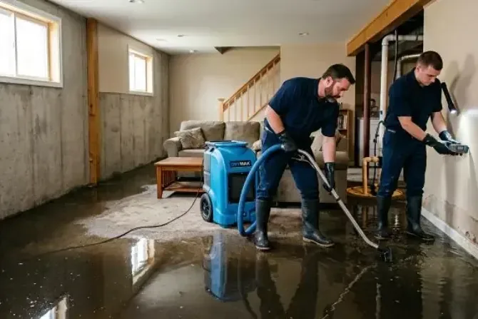 Two technicians extracting water from a flooded finished basement
