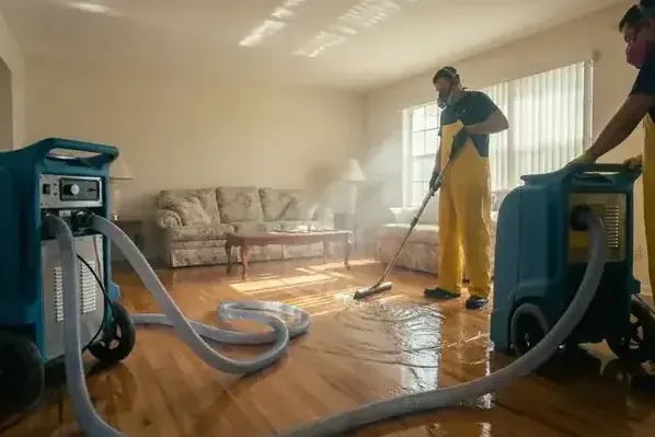 Two technicians pulling water off a flooded living room floor with extraction wands